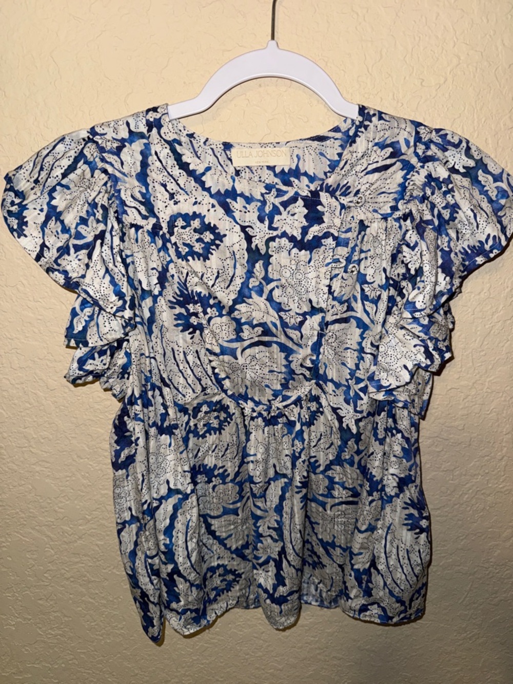Ulla Johnson Sienna Flutter Sleeve Blue and White Floral Ruffle Blouse 0